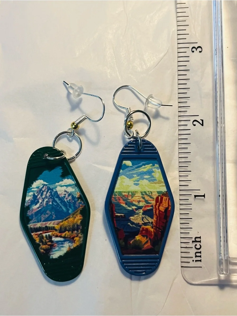 Blue & Green Vintage-Inspired Scenic Key Tag Earrings